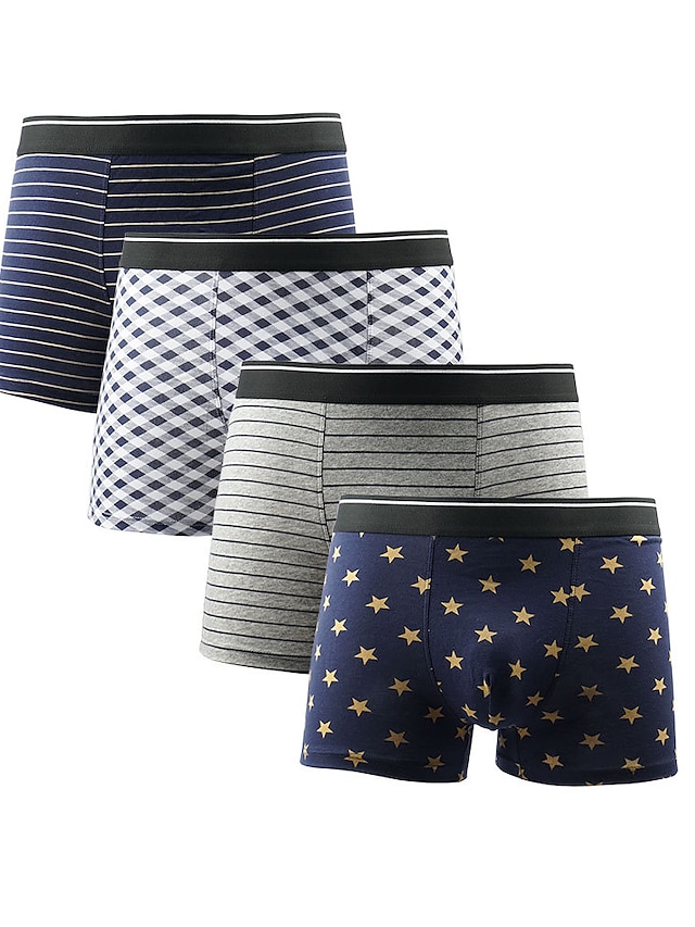  Men's 4 Pack Boxers Underwear Print Cotton Antibacterial Stripe Mid Waist 4 Pack-A Multi color