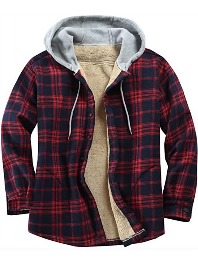  Men's Puffer Jacket Winter Jacket Quilted Jacket Shirt Jacket Winter Coat Warm Casual Plaid / Check Outerwear Clothing Apparel Red