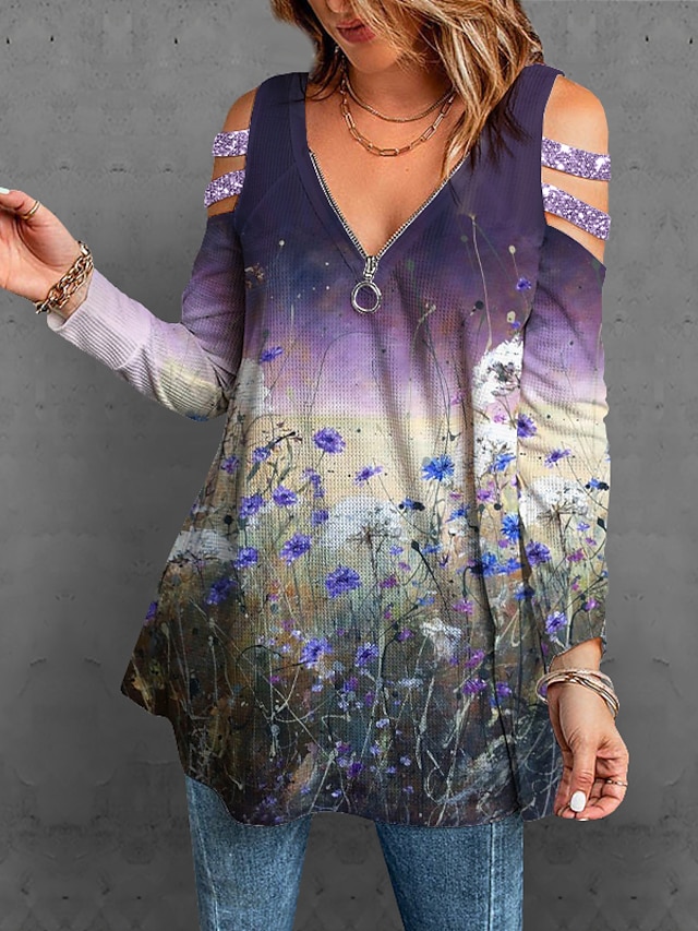  Women's Blouse Shirt Purple Floral Cut Out Flowing tunic Long Sleeve Holiday Weekend Basic V Neck Regular Floral S