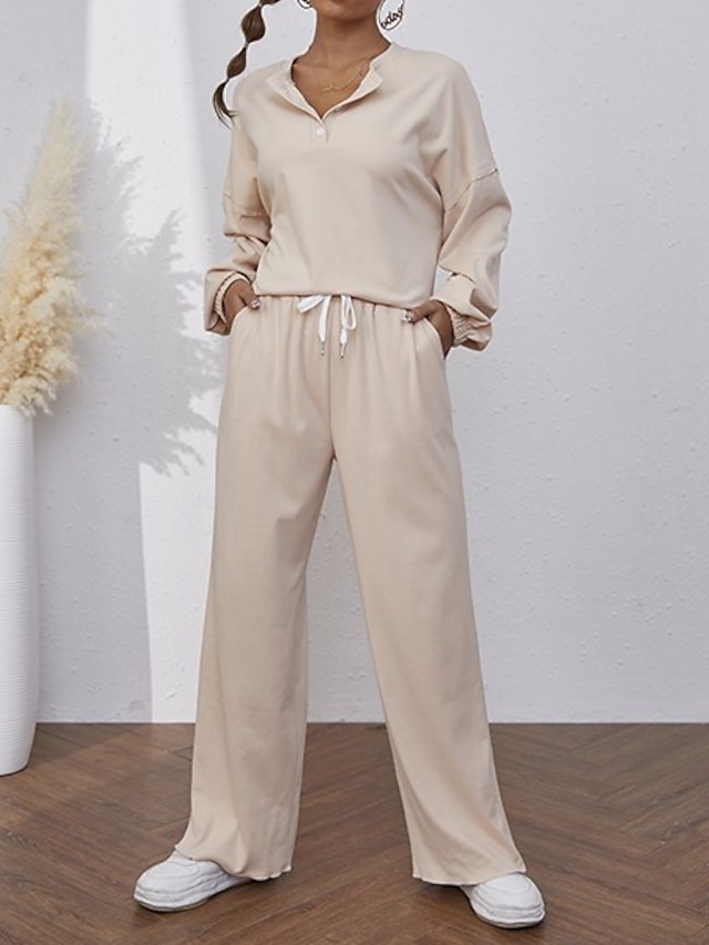  Women's 1 set Sets Simple Pure Color Polyester Home Crew Neck Warm Long Sleeve Button Pant Fall Winter Beige / Lace Up
