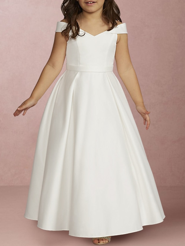  A-Line Floor Length Flower Girl Dress First Communion Girls Cute Prom Dress Satin with Ruching Elegant Fit 3-16 Years