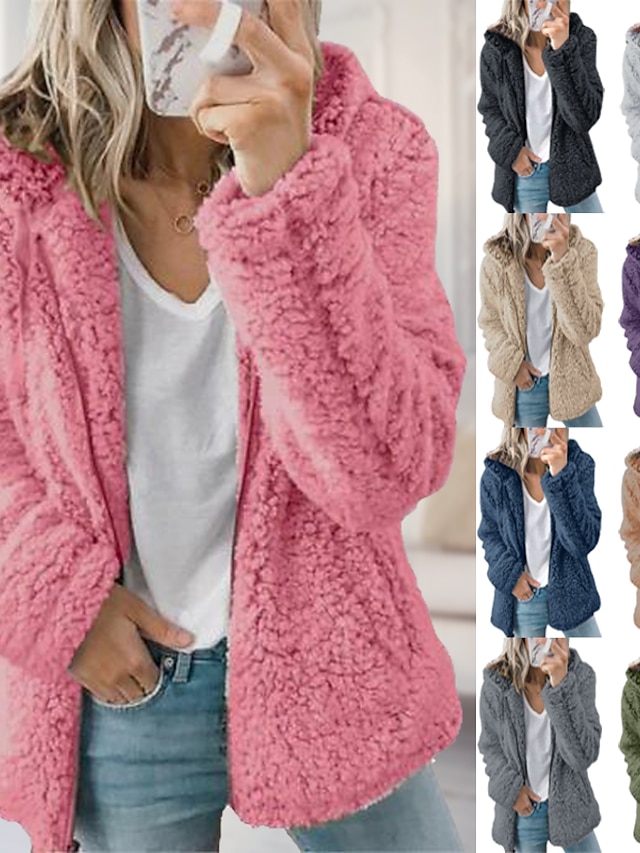  Women's Teddy Coat Sherpa jacket Fleece Jacket Full Zip Regular Coat Black Blue Purple Pink Army Green Dailywear Chic & Modern Zipper Fall Hoodie Loose S M L XL XXL 3XL / Casual / Windproof