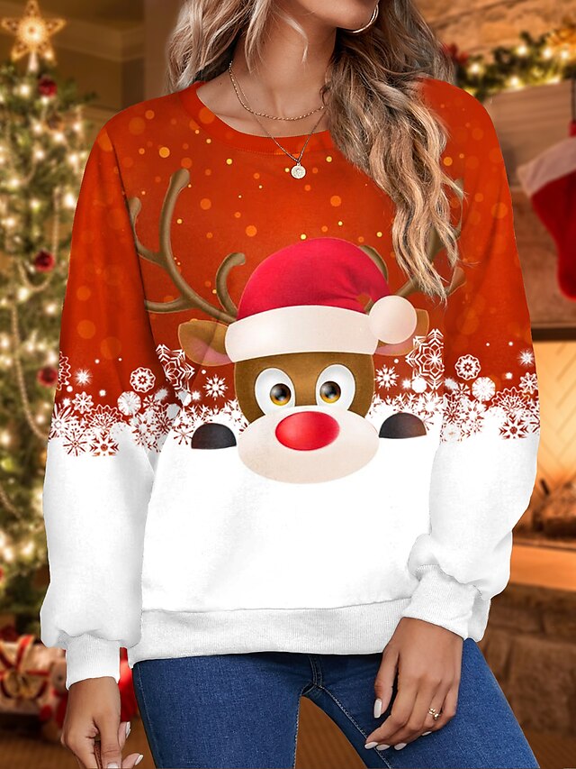  Women's Sweatshirt Pullover Streetwear Red Reindeer Christmas Round Neck Long Sleeve S M L XL 2XL 3XL