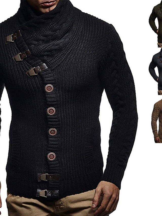  Men's Sweater Cardigan Sweater Sweater Jacket Ribbed Knit Cropped Knitted Turtleneck Warm Ups Modern Contemporary Daily Wear Going out Clothing Apparel Fall & Winter Black Dark Gray M L XL