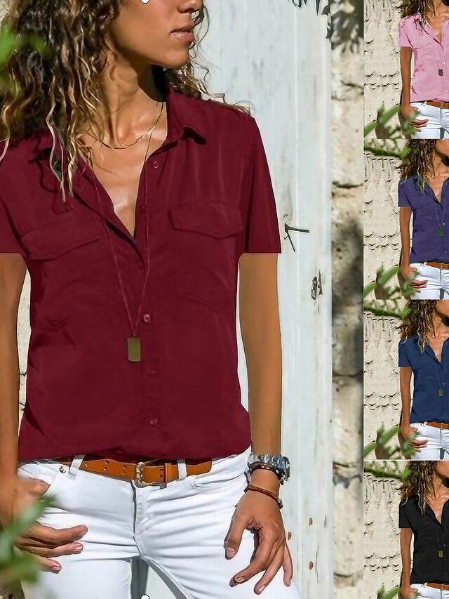  Women's Blouse Pocket Daily Solid Colored T-shirt Sleeve Shirt Collar Summer Light Blue Black Purple Dark Red Pink