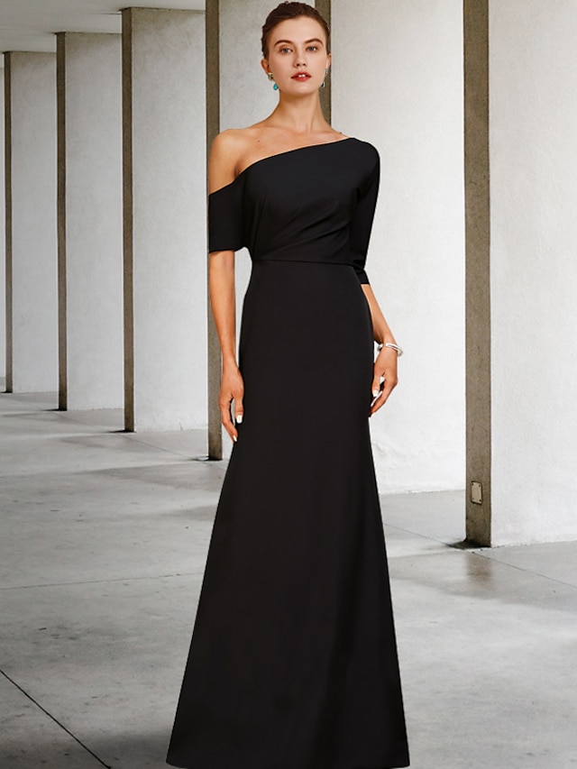  A-Line Mother of the Bride Dress Wedding Guest Elegant Vintage One Shoulder Floor Length Charmeuse 3/4 Length Sleeve with Ruffles Side-Draped 2024