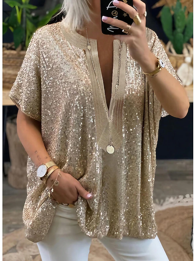 Women's Shirt Blouse Elegant Vintage Fashion Sparkly Sequins Long Sleeve Regular Tops V Neck Casual Weekend Silver Gold Spring Fall 6