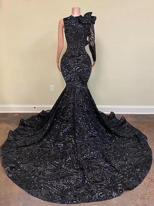 Evening Gown Sparkle & Shine Dress Engagement Formal Evening Court Train Long Sleeve One Shoulder Sequined prom gown     fg4164 main image 0