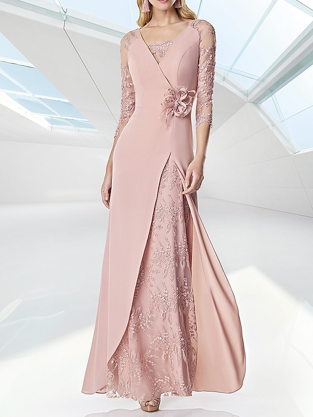  A-Linie Abendkleider Elegant Kleid Formal Boden-Länge 3/4 Ärmel V Ausschnitt Hochzeitsgast im Herbst Chiffon mit Stickerei 2024
