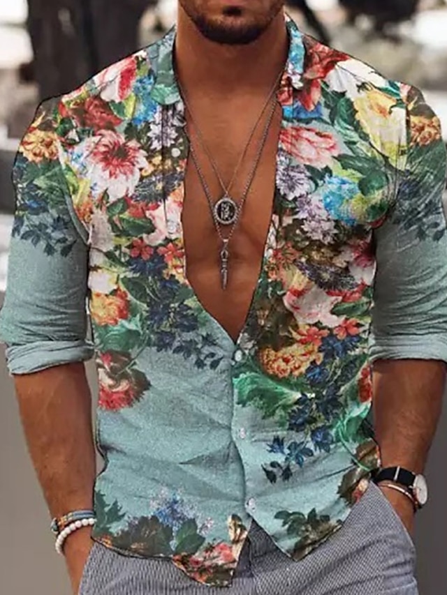 Men's Shirt Summer Hawaiian Shirt Floral Graphic Prints Turndown Blue ...