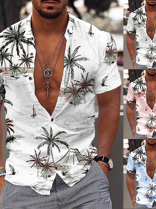  Men's Shirt Summer Hawaiian Shirt Summer Shirt Graphic Shirt Coconut Tree Aloha Turndown Light Pink White Navy Blue Print Outdoor Street Short Sleeve Button-Down Print Clothing Apparel Fashion