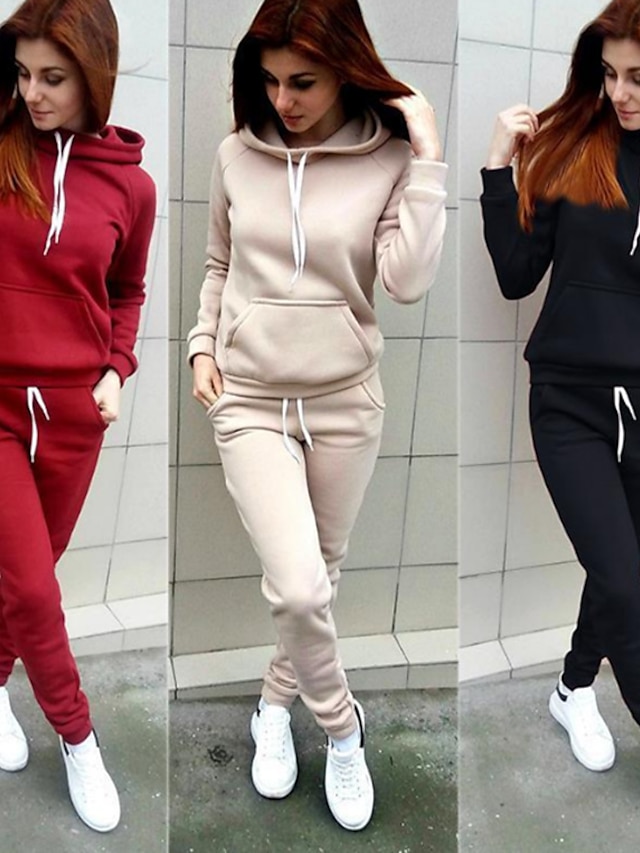  Women's Hoodie Tracksuit Pants Sets Sweatpants Joggers Active Streetwear Black Pink Sport Fitness Solid Color Drawstring Hooded S M L XL 2XL