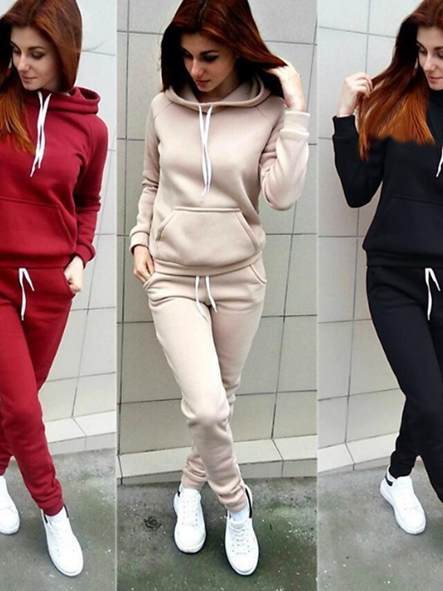 Women's Hoodie Tracksuit Pants Sets Solid Color Black Pink Red ...
