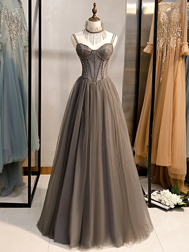  A-Line Prom Dresses Open Back Dress Formal Wedding Guest Floor Length Sleeveless Spaghetti Strap Tulle with Pleats Crystals 2024
