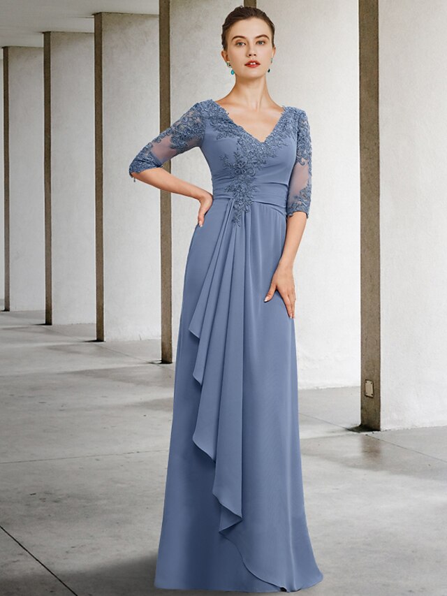 A-Line Mother of the Bride Dress Vintage Elegant V Neck Floor Length ...