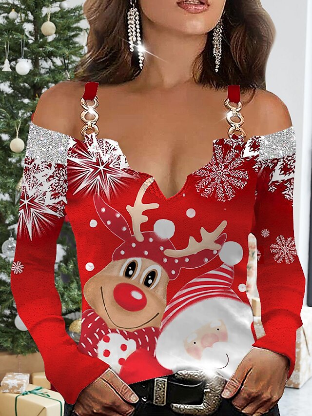  Women's Blouse Shirt Red Deer Santa Claus Cut Out Print Long Sleeve Christmas Streetwear Casual V Neck Regular S