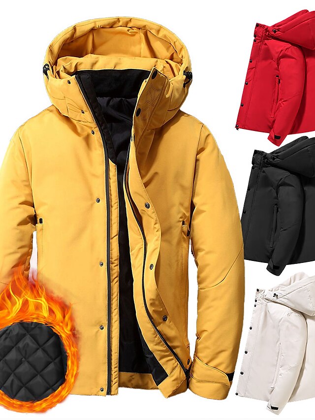  Men's Down Jacket Parka Winter Long Pure Color Print Casual Casual Daily Work Daily Wear Warm Black Yellow Red White