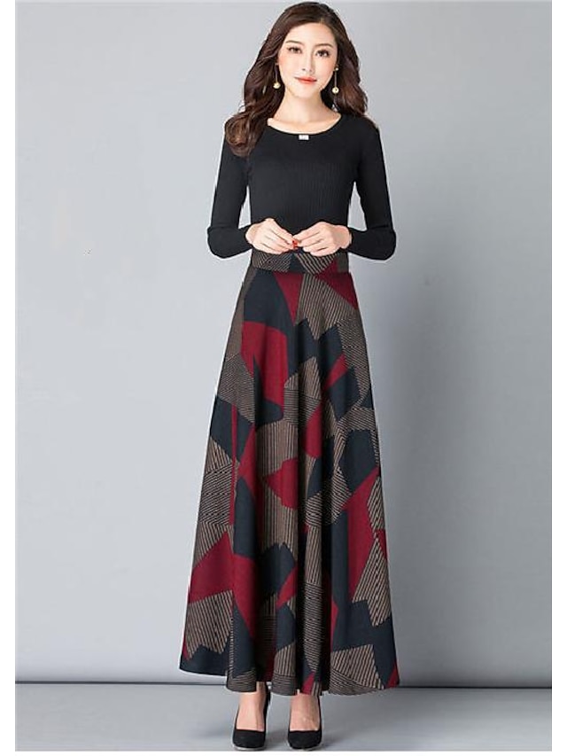  Women's Swing Long Skirt Maxi Polyester Prismatic red Yellow Red Skirts Print Elegant Casual Daily M L XL