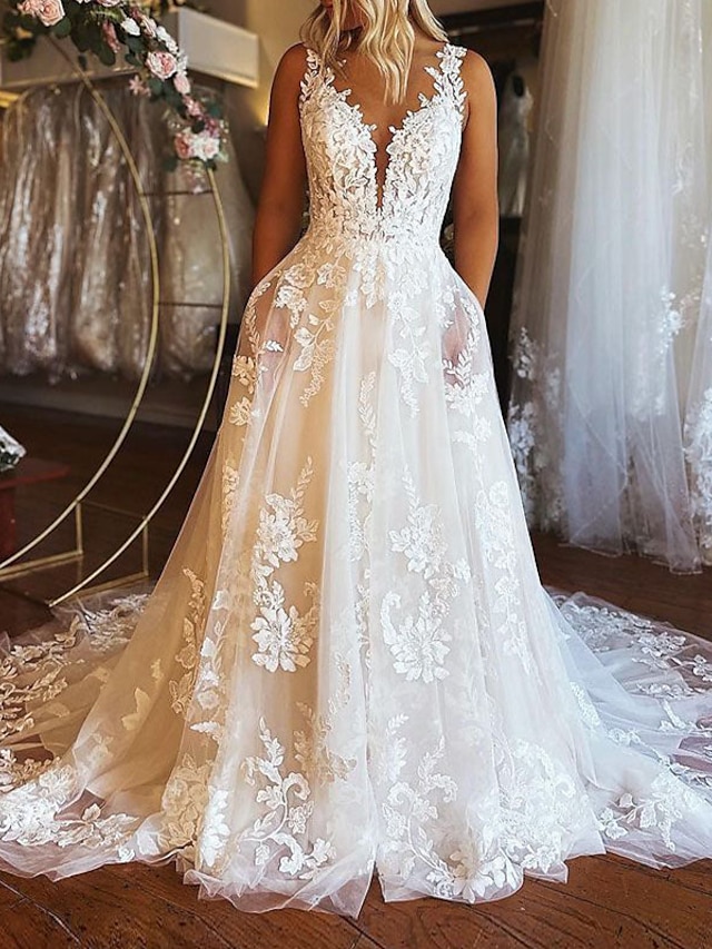 Engagement Formal Wedding Dresses A Line V Neck Sleeveless Chapel Train Lace Bridal Gowns With 4518