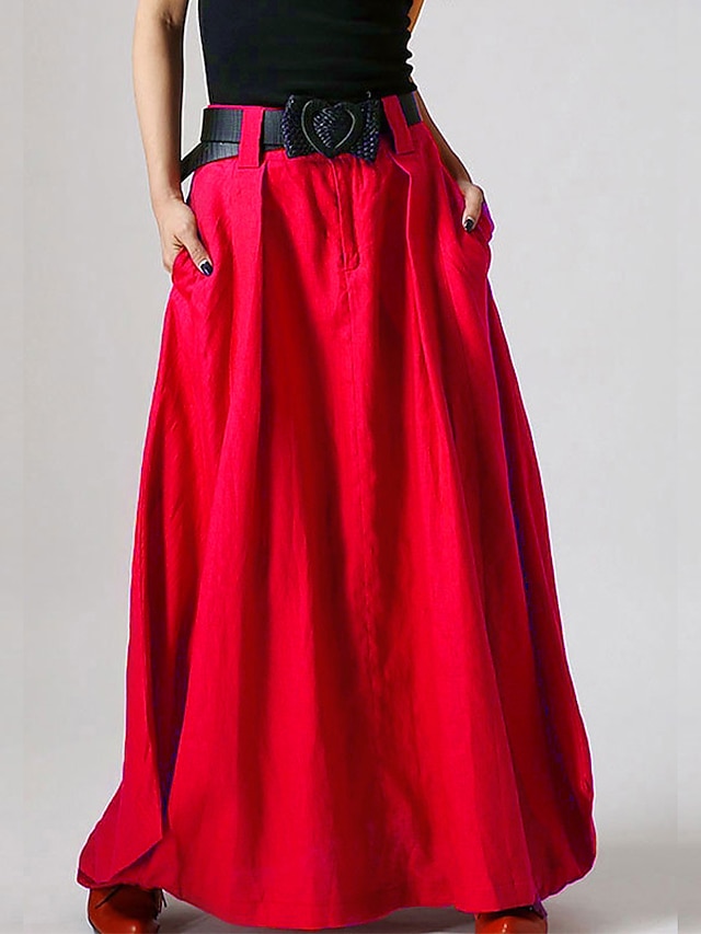  Women's Skirt Work Skirts Long Skirt Maxi Cotton Black Red Gray Skirts Fall & Winter Pocket Belt Not Included Without Lining Daily Casual Daily S M L