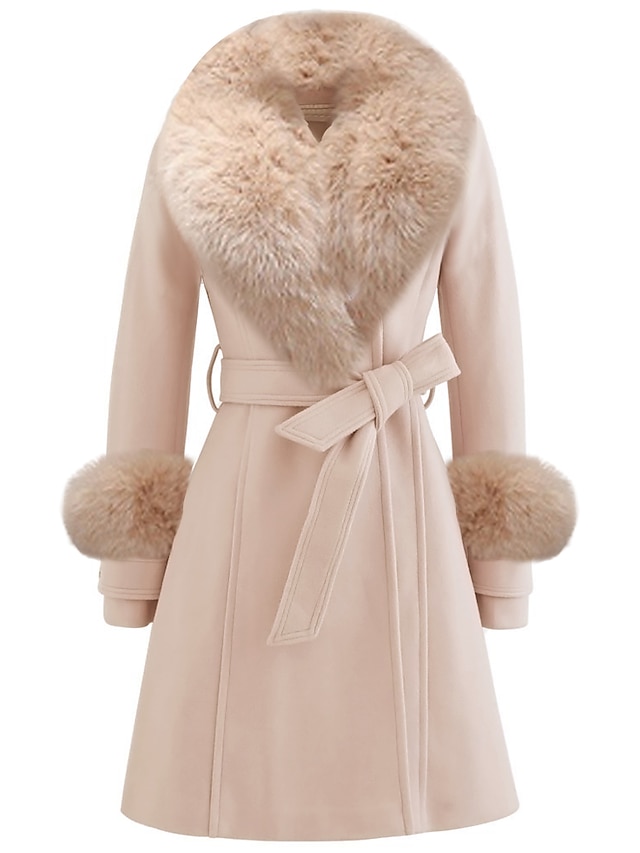  Dam Vinterkappa Håller värmen Bekväm Med bälte Pälskrage Elegant Mode Modern Gatustil Ensfärgat Semester Gata Ledigt / vardag Helgen Öppen front Lång Kavajslag Normal Långärmad Ytterkläder Rodnande