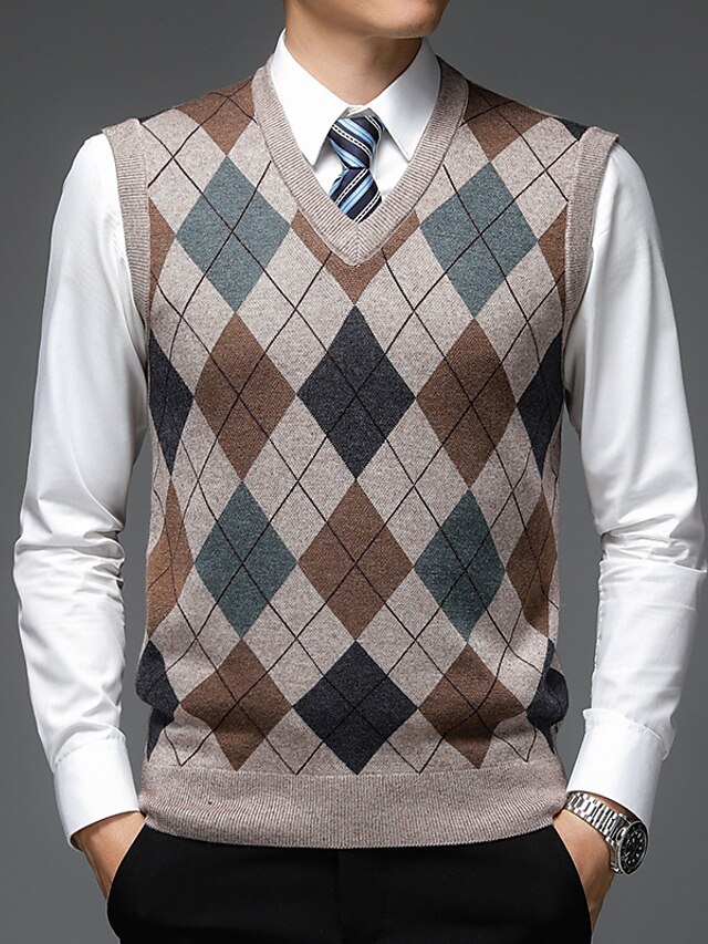 Men's Sweater Sweater Vest Pullover Ribbed Knit Knitted Color Block V