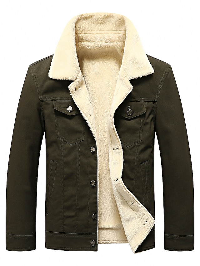  Men's Fleece Jacket Jacket Warm Daily Wear Vacation Single Breasted Turndown Comfort Leisure Jacket Outerwear Solid / Plain Color Pocket Button-Down Black Green Khaki