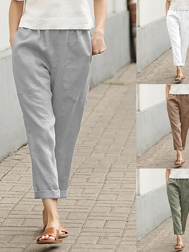  Women's Linen Pants Chinos Faux Linen Pocket Baggy Mid Waist Ankle-Length White Summer
