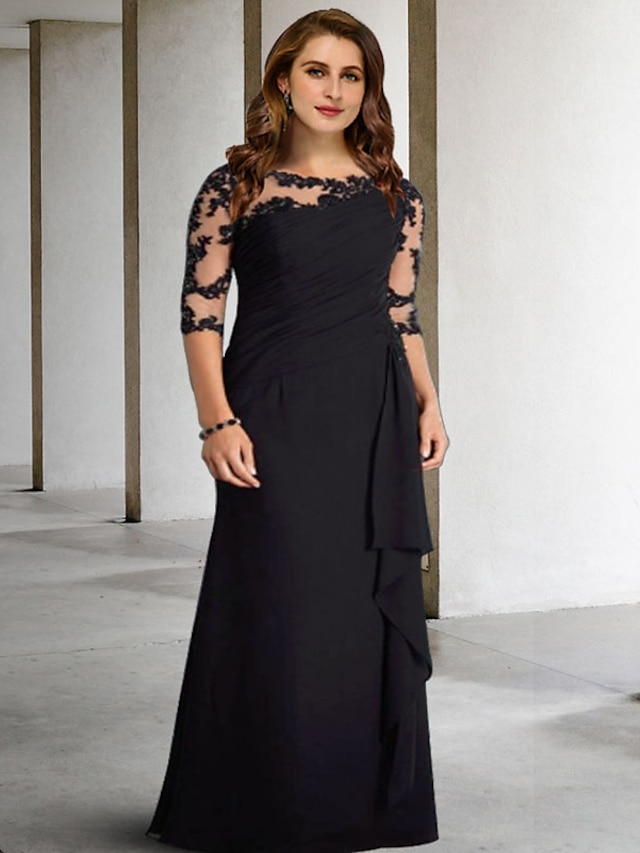  A-Line Plus Size Curve Mother of the Bride Dresses Elegant Dress Formal Wedding Guest Floor Length Half Sleeve Jewel Neck Chiffon with Pleats Ruched Appliques 2024