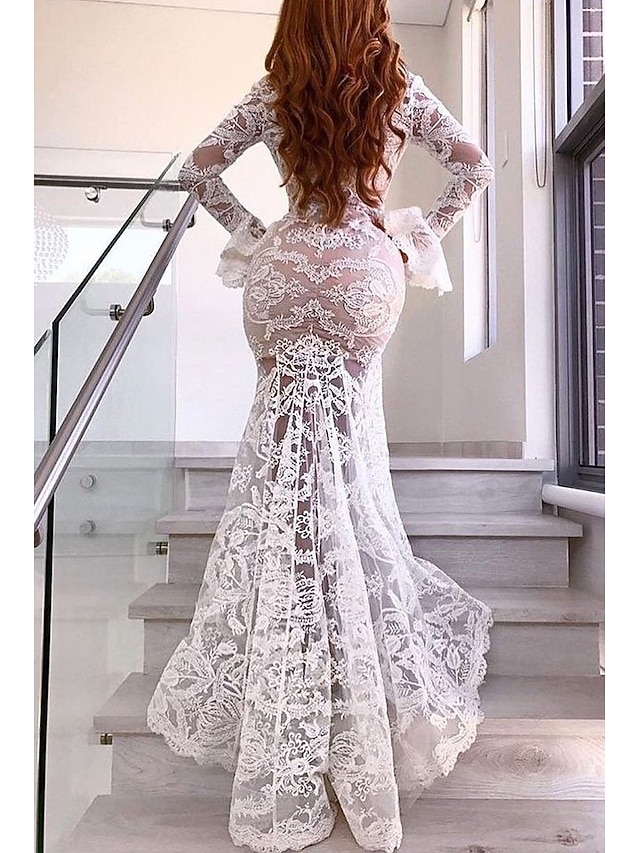 Boho Wedding Dresses Mermaid Chic V-Neck Sleeveless Lace Beach Bridal Dress With Train