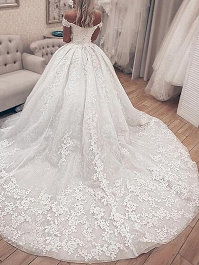 Reception Vintage Wedding Dresses A-Line Off Shoulder Cap Sleeve Sweep / Brush Train Lace Bridal Gowns With Lace
