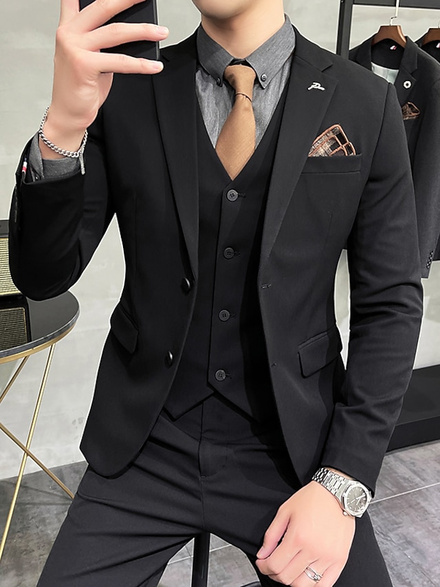  Black Light Grey Dark Gray Men's Party Evening Prom Suits Solid Colored 3 Piece Plus Size Tailored Fit Single Breasted Two-buttons 2024