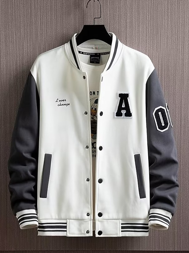  Men's Varsity Jacket Warm Daily Wear Vacation Going out Single Breasted Standing Collar Comfort Leisure Jacket Outerwear Color Block Button Pocket Black Blue White