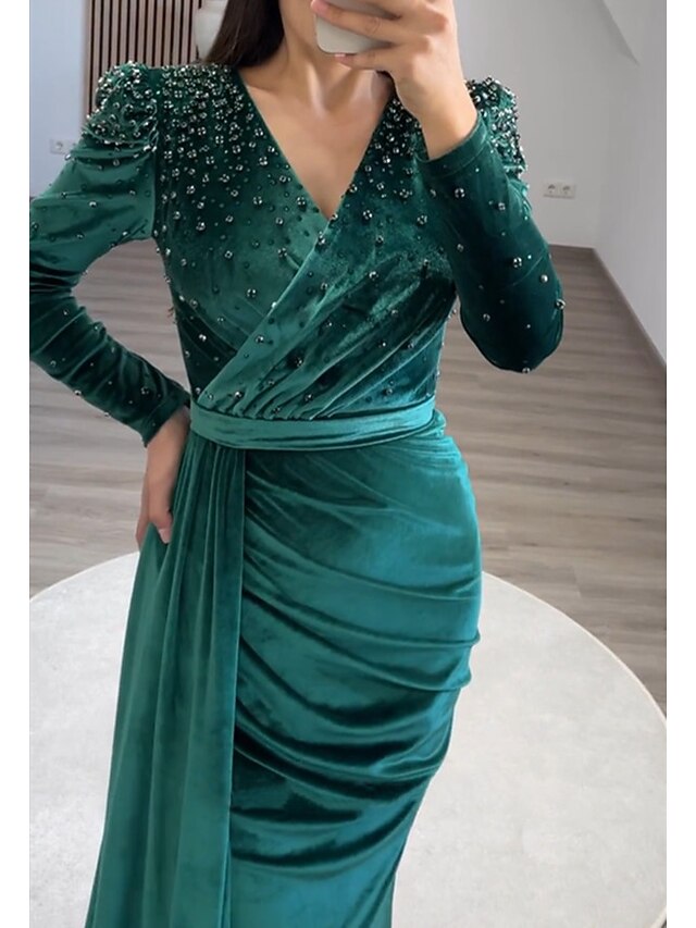 Plus Sequin Long Sleeve V-Neck Formal Dress, Satin Mermaid Train Evening Gown