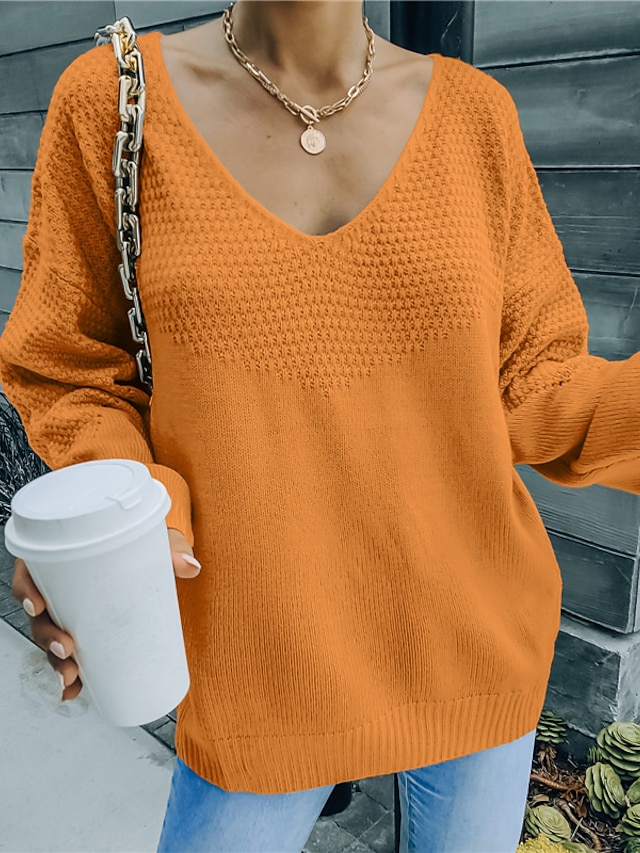 Women's Pullover Sweater Jumper Ribbed Knit Knitted V Neck Pure Color Outdoor Daily Stylish Casual Winter Fall Blue Orange S M L