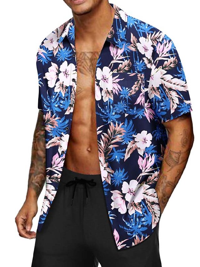 Men's Summer Hawaiian Shirt Floral Plants Turndown Black Red Navy Blue ...