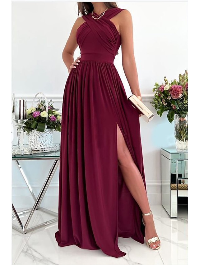  A-Line Prom Dresses Sexy Dress Formal Wedding Guest Floor Length Sleeveless Halter Neck Bridesmaid Dress Chiffon with Ruched Slit 2024