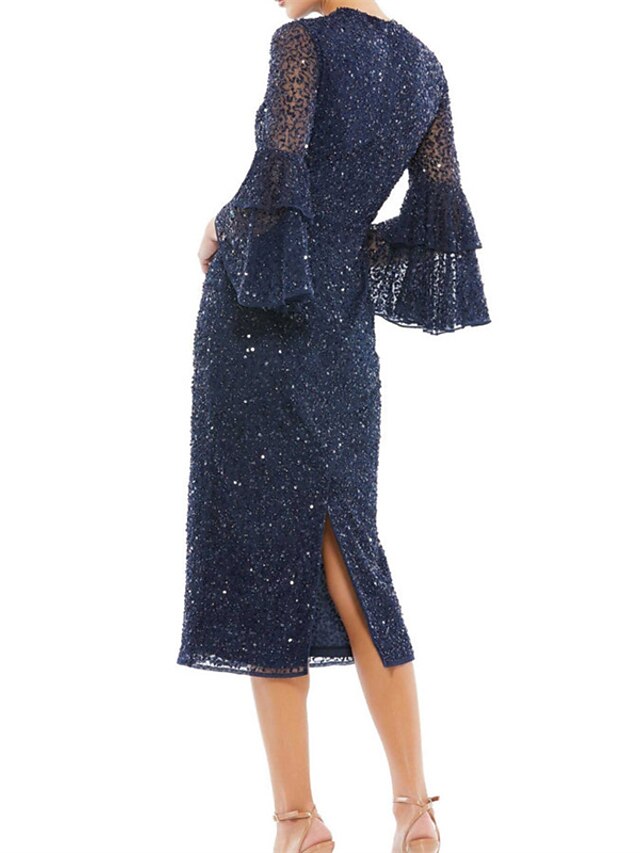 Sheath/Column Cocktail Dresses Sequin Floral Tea-Length with Chiffon Cape