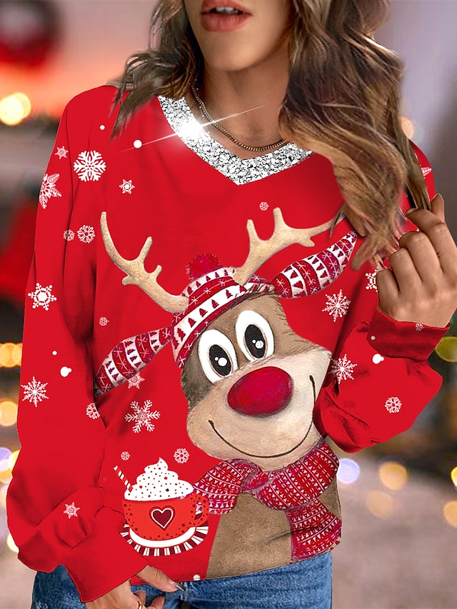  Women's Sweatshirt Pullover Streetwear Red Reindeer Christmas V Neck Long Sleeve S M L XL 2XL