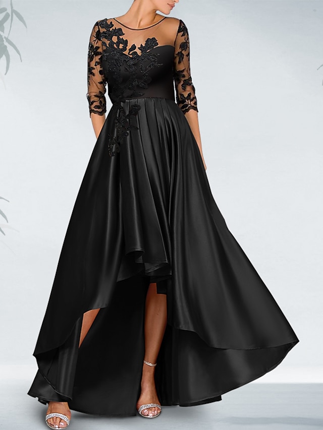  Sheath / Column Cocktail Black Dress Luxurious Dress Formal Wedding Guest Asymmetrical 3/4 Length Sleeve Off Shoulder Pocket Satin with Beading Appliques 2024
