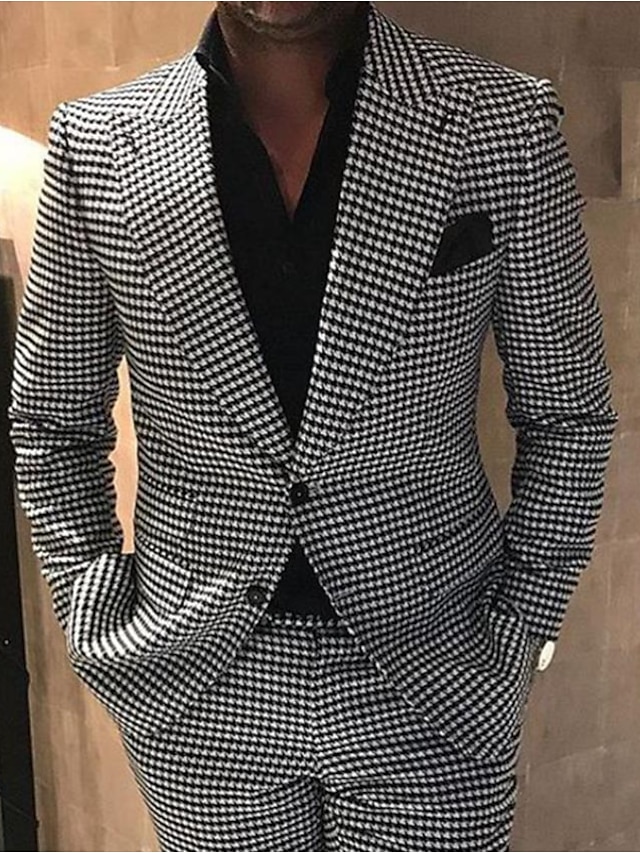  Black Men's Houndstooth Wedding Suits Groom 2 Piece Plus Size Solid Colored Standard Fit Single Breasted Two-buttons 2024