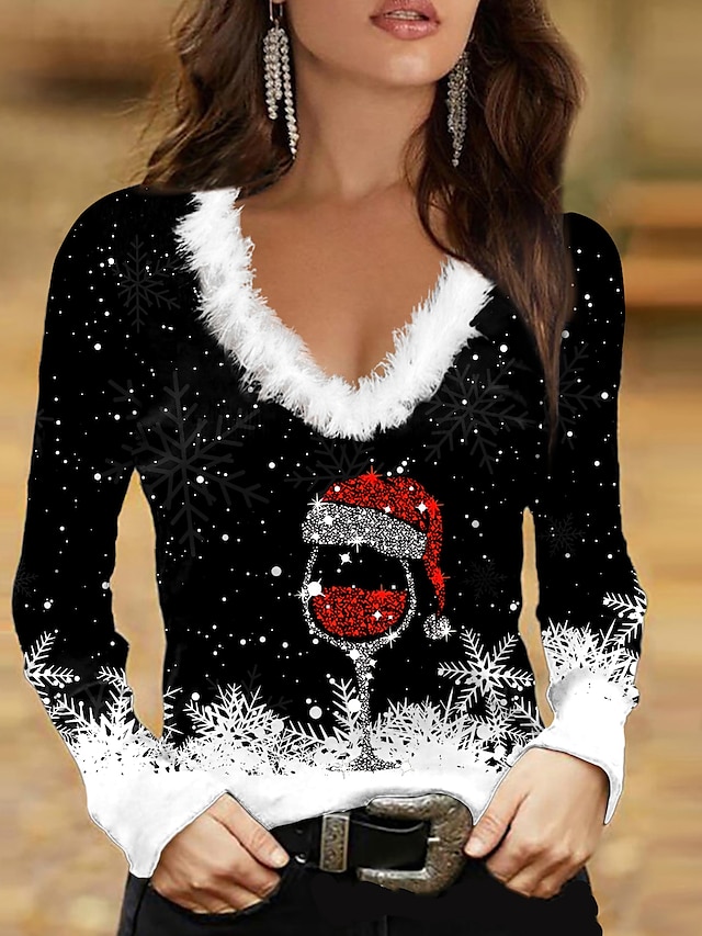  Christmas Shirt Women's T shirt Tee Wine Glass Black Red Blue Print Long Sleeve Party Christmas Weekend Festival / Holiday Fur Collar Regular Fit Fall & Winter