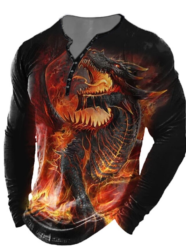 Men's Henley Shirt T shirt Tee Tee Graphic Dragon Henley Black 3D Print ...