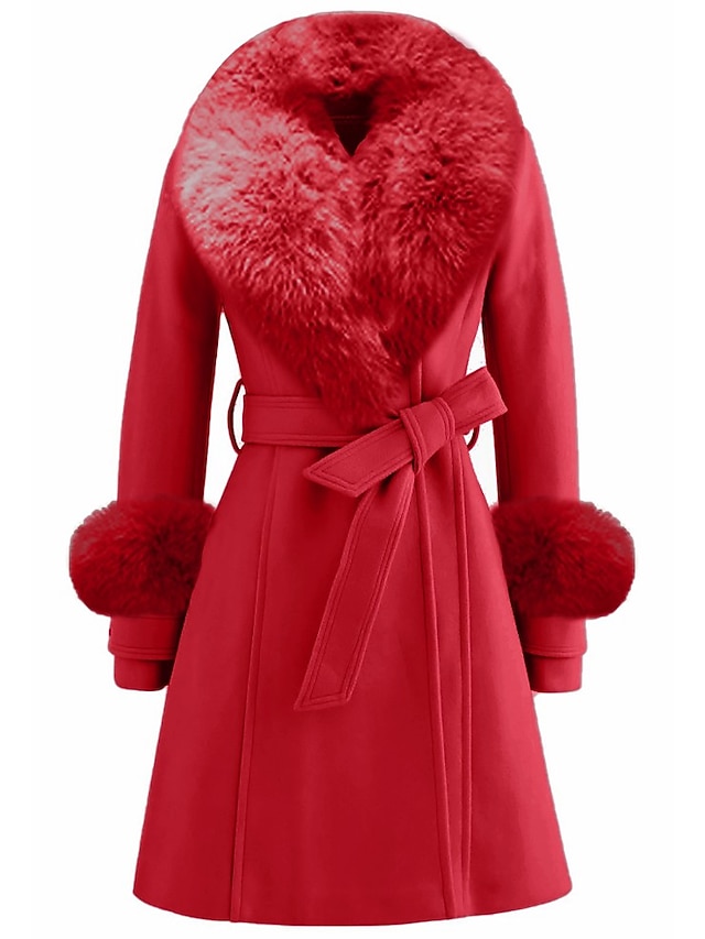Women's Winter Coat Long Overcoat with Faux Fur Wool Blend Belted Dress