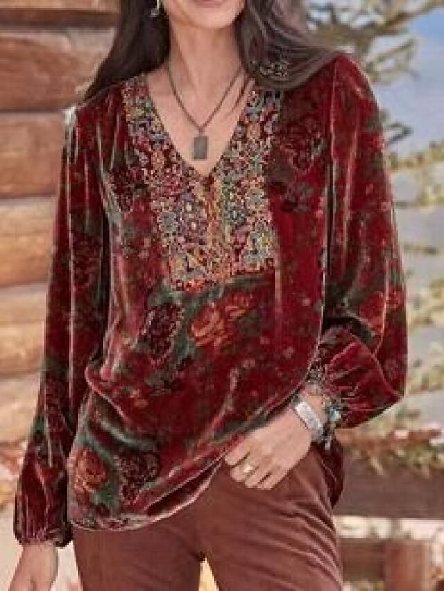 Women's Shirt Boho Shirt Blouse Velvet Basic Floral Print Long Sleeve Regular Tops V Neck Party New Year Yellow Red Purple Gray Spring Fall4