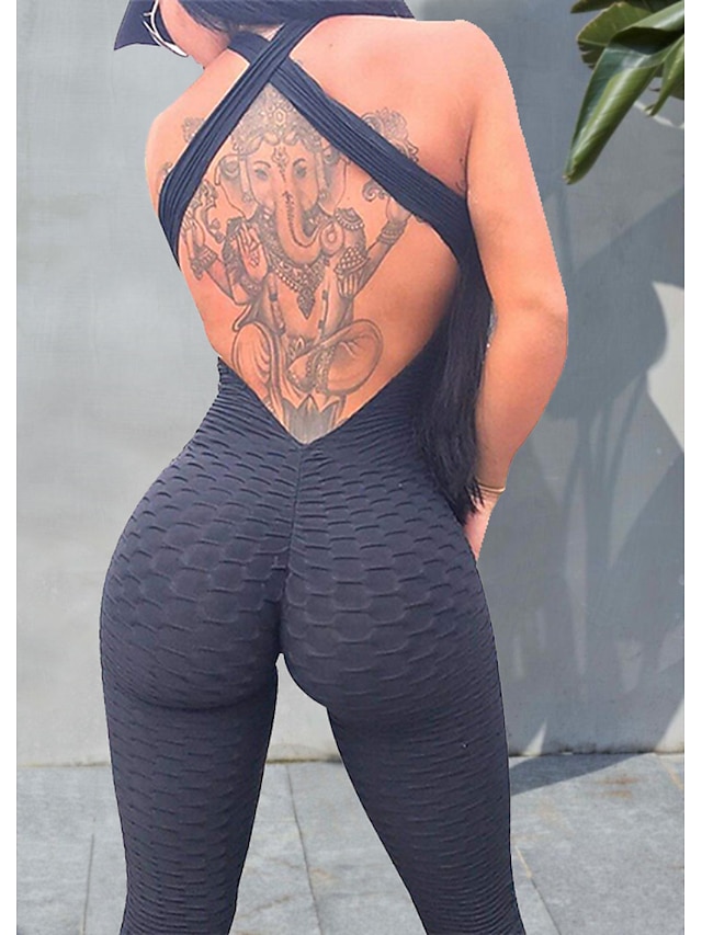  Women's Yoga Suit Tracksuit Tiktok Scrunch Butt Criss Cross Yoga Fitness Gym Workout High Waist Bodysuit Romper Sports Butt Lift Tummy Control 4 Way Stretch Quick Dry High Elasticity Sports