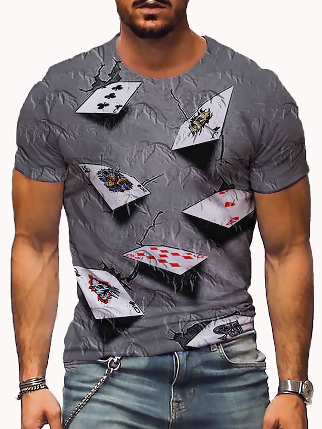  メンズ Tシャツ 柄物 ポーカー ラウンドネック 半袖 グレー パープル イエロー パーティー デイリー プリント トップス カジュアル グラフィック Tシャツ