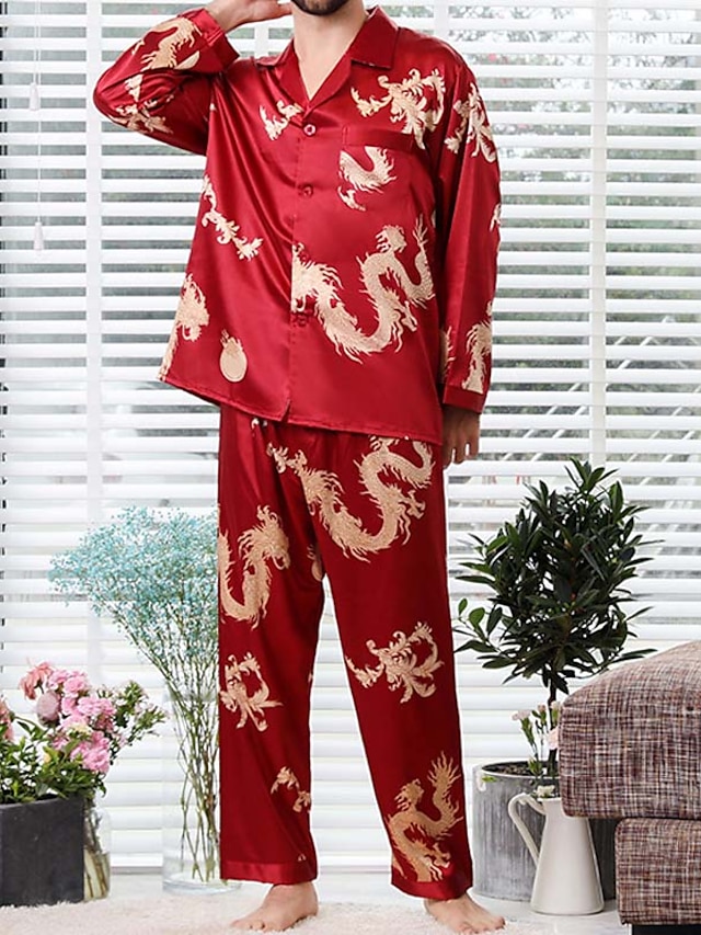  Vêtements de nuit Pyjama en soie Intérieur du quotidien Homme Fausse Soie Respirable Pantalon 2 Pièces simple Confort Revers manche longue Poche Automne Printemps Eté Dragon