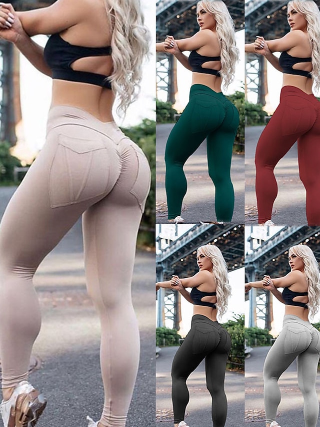  Women's Yoga Pants Scrunch Butt Ruched Butt Lifting Pocket Tummy Control Butt Lift 4 Way Stretch High Waist Fitness Gym Workout Running Tights Leggings Bottoms Fashion Apple Green Rust Red White