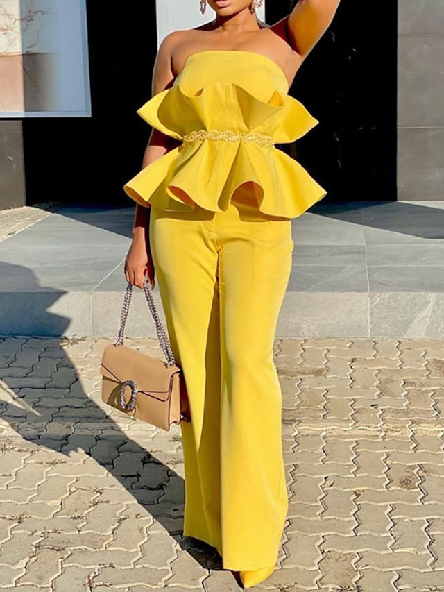  Women's Jumpsuit Ruffle Backless Solid Color Strapless Streetwear Wedding Party Regular Fit Sleeveless Yellow S M L Summer